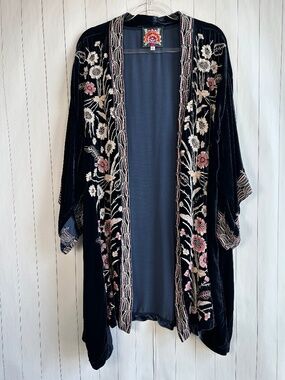 Johnny Was plus size 2X long kimono duster blue velvet embroidered silk boho